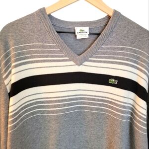 Lacoste Mens Gray Cotton Wool Blend Stripe‎ V-Neck Sweater 6 XL